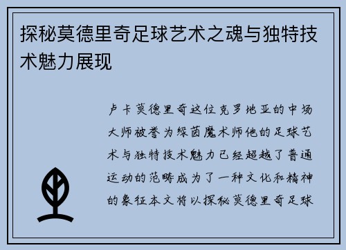 探秘莫德里奇足球艺术之魂与独特技术魅力展现