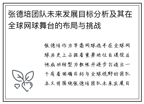 张德培团队未来发展目标分析及其在全球网球舞台的布局与挑战